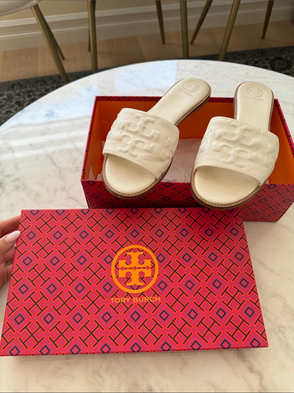 Tory Burch Cream Embossed Logo Slide Mules